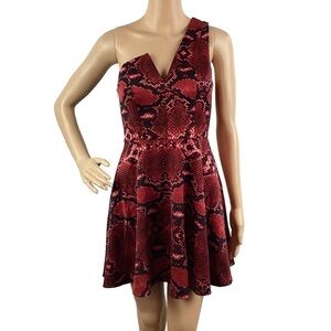 NBD x Naven Twins Flirt Fit and Flare Dress Size S Red Snake One Shoulder